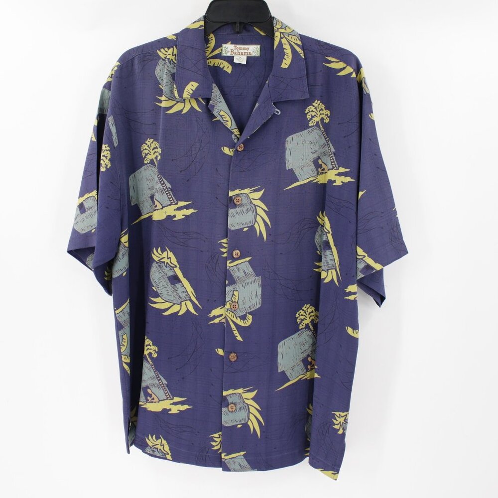 Tommy bahama Hawaiian shirt men's medium village hut Blue Silk camp‎ loop collar
